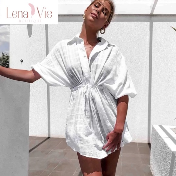 Lena Vie | Sheer Cotton White Plaid Sexy Shirt Dress, Cover-up Sundress - Picture 3 of 15
